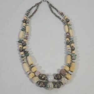 Vintage Multi Gemstone Bone Beaded Silver Tone Necklace